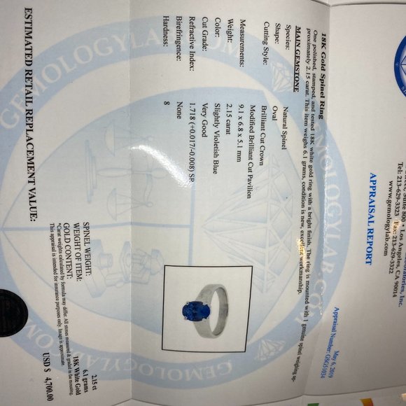 Certified Blue Spinel 2.15ct Solid 18K Gold Ring - Picture 8 of 8